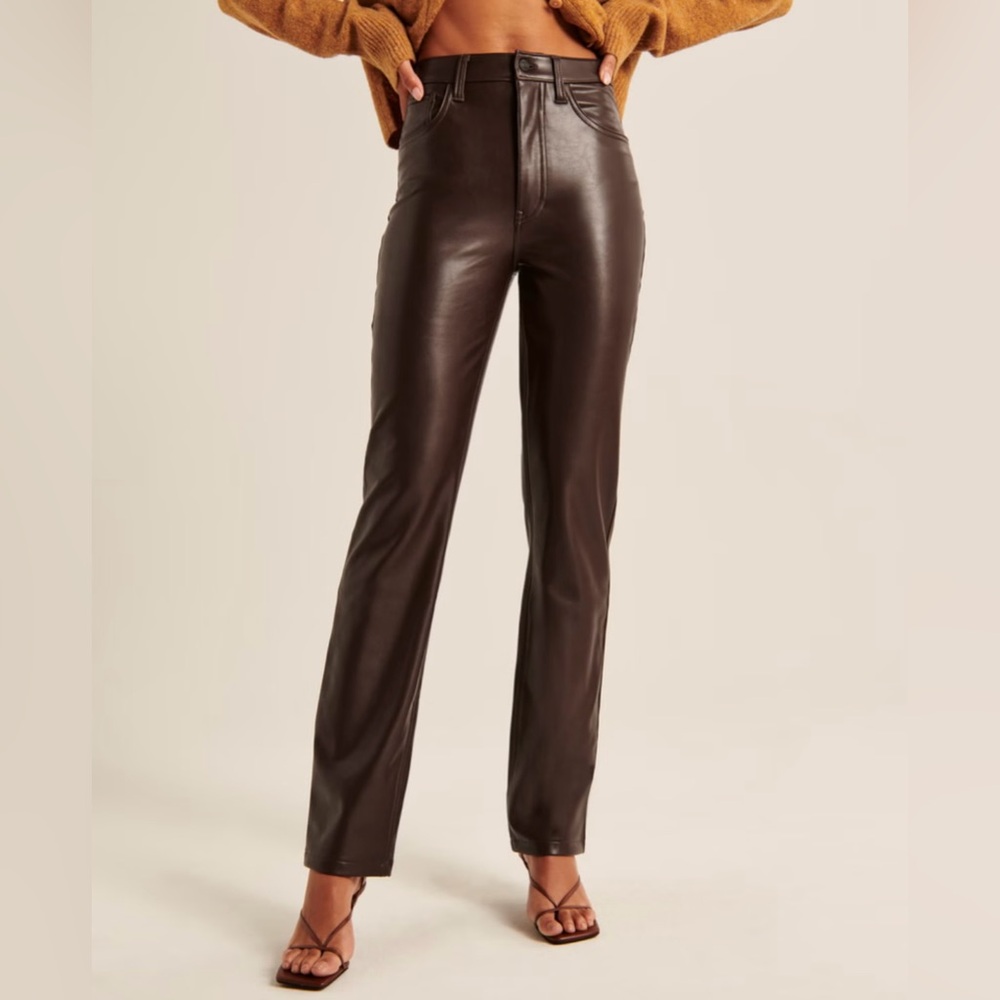 Abercrombie Curve Love Vegan Leather Dark Brown 90’s Straight Pants Ultra High - Picture 2 of 12